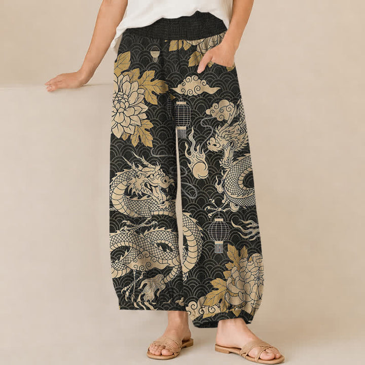 Buddha Stones Pantalones harem de algodón con estampado de dragón oriental, nube de loto y cintura elástica plisada para mujer, con bolsillos. - Negro - US16，UK/AU20，EU48 (3XL) - image 0