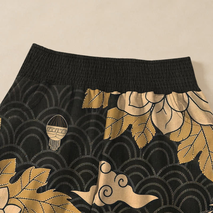 Buddha Stones Pantalones harem de algodón con estampado de dragón oriental, nube de loto y cintura elástica plisada para mujer, con bolsillos. - image 4