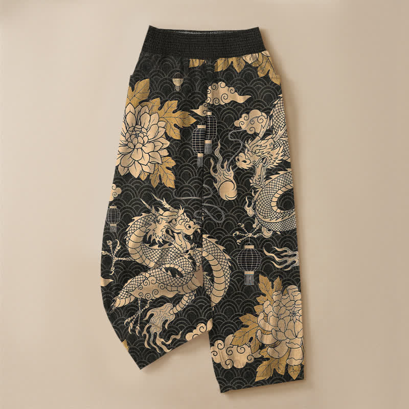Buddha Stones Pantalones harem de algodón con estampado de dragón oriental, nube de loto y cintura elástica plisada para mujer, con bolsillos. - image 3