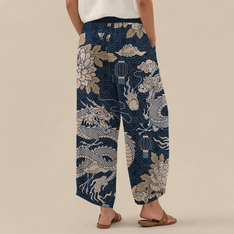 Buddha Stones Pantalones harem de algodón con estampado de dragón oriental, nube de loto y cintura elástica plisada para mujer, con bolsillos. - image 8