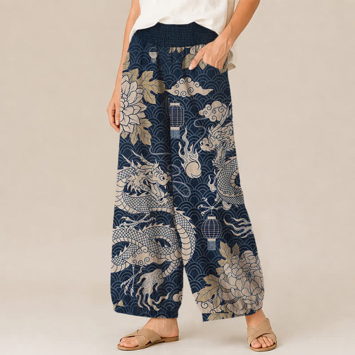 Buddha Stones Pantalones harem de algodón con estampado de dragón oriental, nube de loto y cintura elástica plisada para mujer, con bolsillos. - image 7