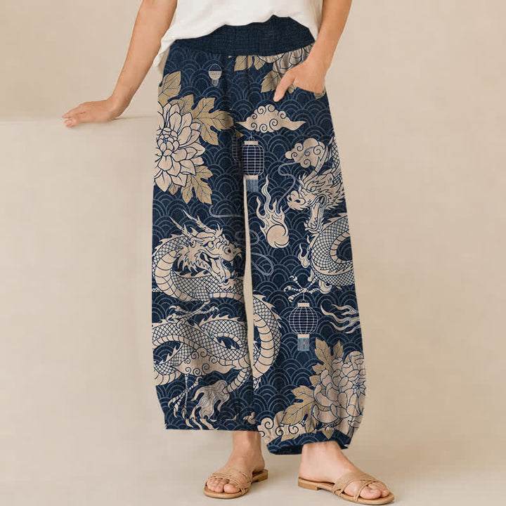 Buddha Stones Pantalones harem de algodón con estampado de dragón oriental, nube de loto y cintura elástica plisada para mujer, con bolsillos. - Marina de guerra - US16，UK/AU20，EU48 (3XL) - image 6
