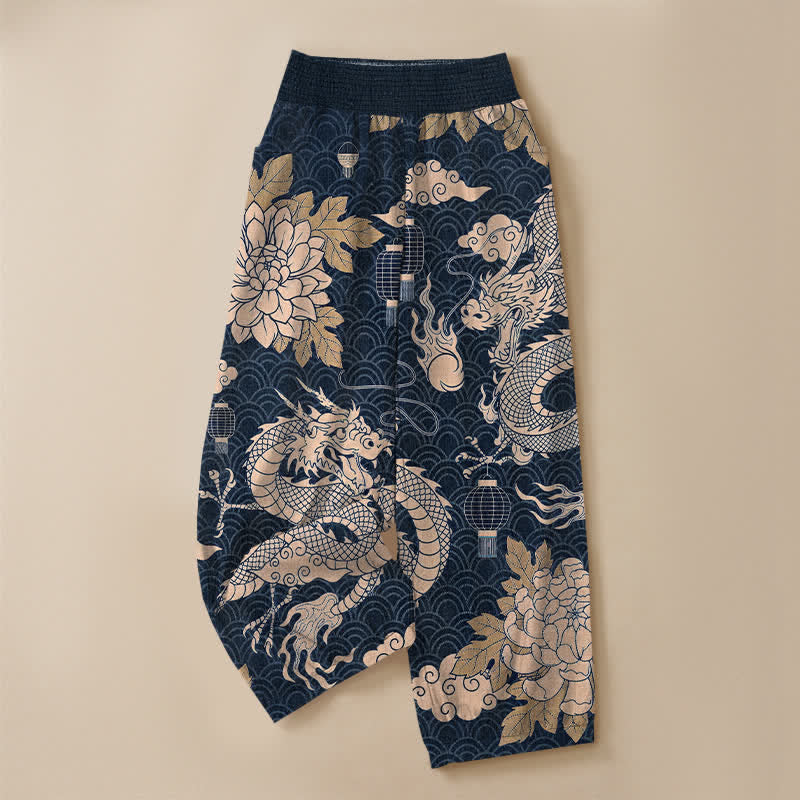 Buddha Stones Pantalones harem de algodón con estampado de dragón oriental, nube de loto y cintura elástica plisada para mujer, con bolsillos. - image 9