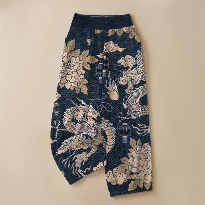 Buddha Stones Pantalones harem de algodón con estampado de dragón oriental, nube de loto y cintura elástica plisada para mujer, con bolsillos. - image 9