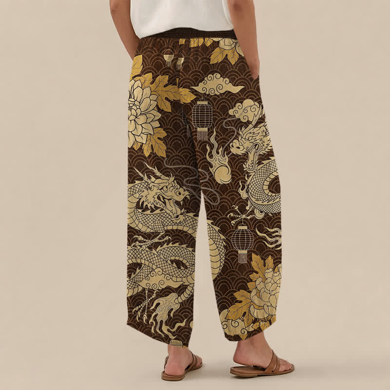 Buddha Stones Pantalones harem de algodón con estampado de dragón oriental, nube de loto y cintura elástica plisada para mujer, con bolsillos. - image 12