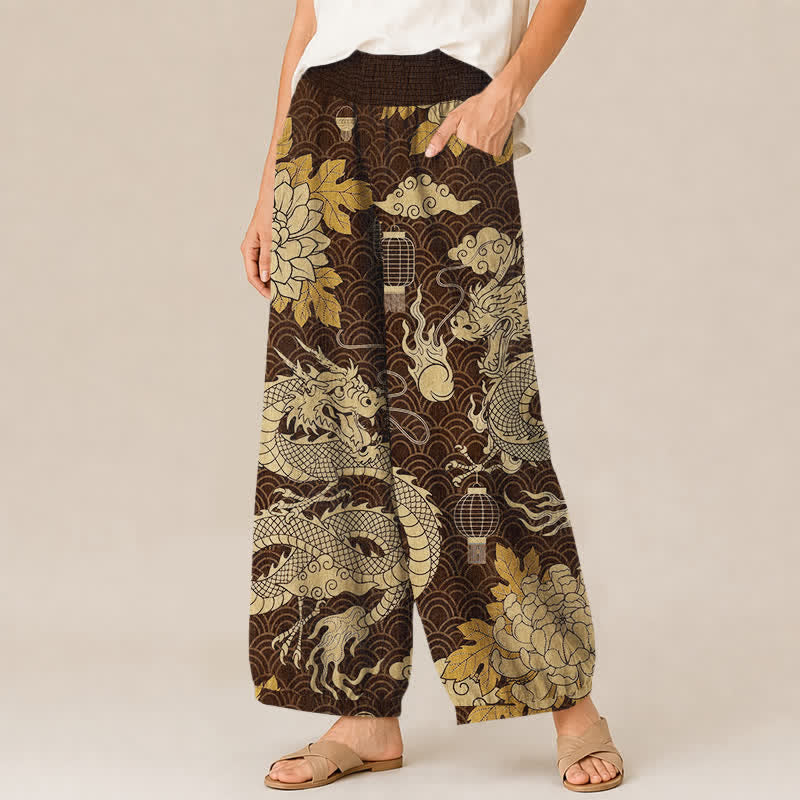Buddha Stones Pantalones harem de algodón con estampado de dragón oriental, nube de loto y cintura elástica plisada para mujer, con bolsillos. - image 11