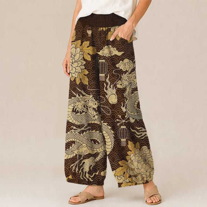 Buddha Stones Pantalones harem de algodón con estampado de dragón oriental, nube de loto y cintura elástica plisada para mujer, con bolsillos. - image 11