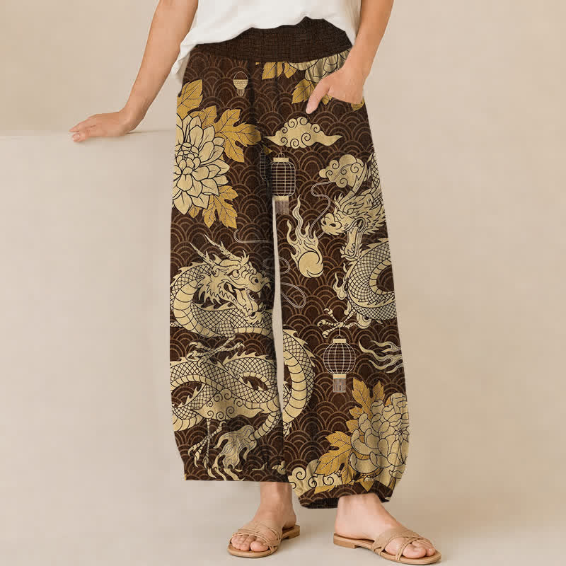 Buddha Stones Pantalones harem de algodón con estampado de dragón oriental, nube de loto y cintura elástica plisada para mujer, con bolsillos. - Marrón silla de montar - US16，UK/AU20，EU48 (3XL) - image 10