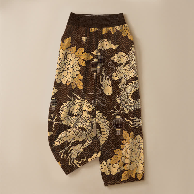 Buddha Stones Pantalones harem de algodón con estampado de dragón oriental, nube de loto y cintura elástica plisada para mujer, con bolsillos. - image 13