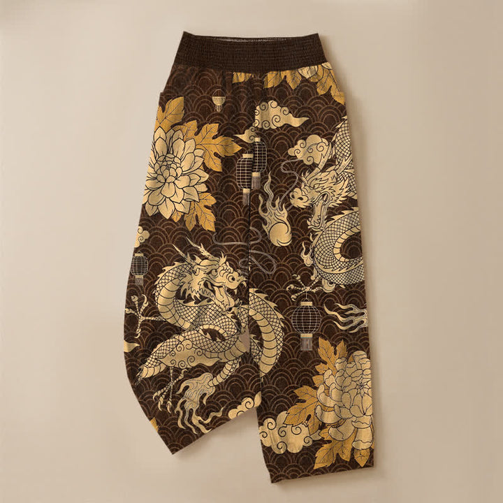 Buddha Stones Pantalones harem de algodón con estampado de dragón oriental, nube de loto y cintura elástica plisada para mujer, con bolsillos. - image 13