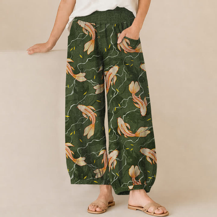 Buddha Stones Pantalones harem de algodón con estampado de olas de peces koi, cintura elástica plisada y bolsillos para mujer. - Verde bosque - US16，UK/AU20，EU48 (3XL) - image 6