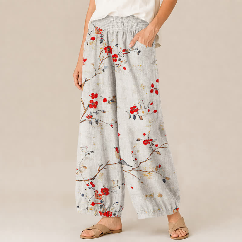 Buddha Stones Pantalones harem para mujer con estampado de flores de algodón, ramas, pájaros, cintura elástica plisada y bolsillos. - image 1