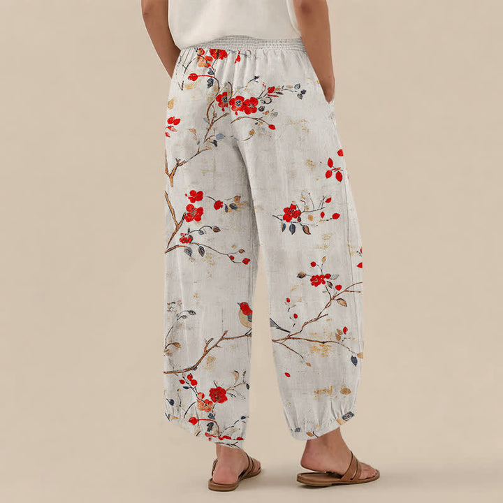 Buddha Stones Pantalones harem para mujer con estampado de flores de algodón, ramas, pájaros, cintura elástica plisada y bolsillos. - image 2