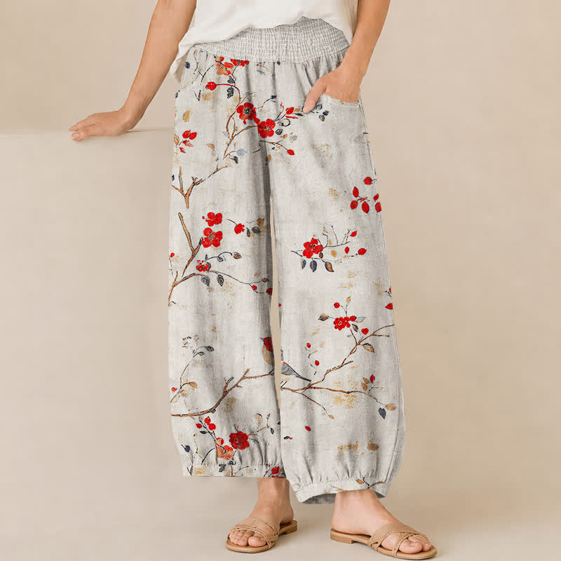 Buddha Stones Pantalones harem para mujer con estampado de flores de algodón, ramas, pájaros, cintura elástica plisada y bolsillos. - Lino - US16，UK/AU20，EU48 (3XL) - image 0