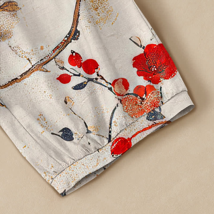 Buddha Stones Pantalones harem para mujer con estampado de flores de algodón, ramas, pájaros, cintura elástica plisada y bolsillos. - image 5