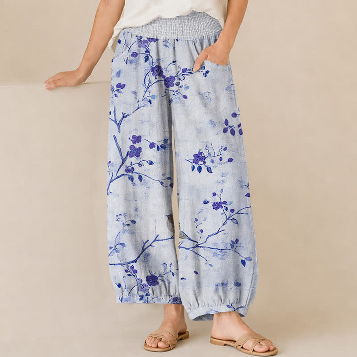 Buddha Stones Pantalones harem para mujer con estampado de flores de algodón, ramas, pájaros, cintura elástica plisada y bolsillos. - Azul claro - US16，UK/AU20，EU48 (3XL) - image 6