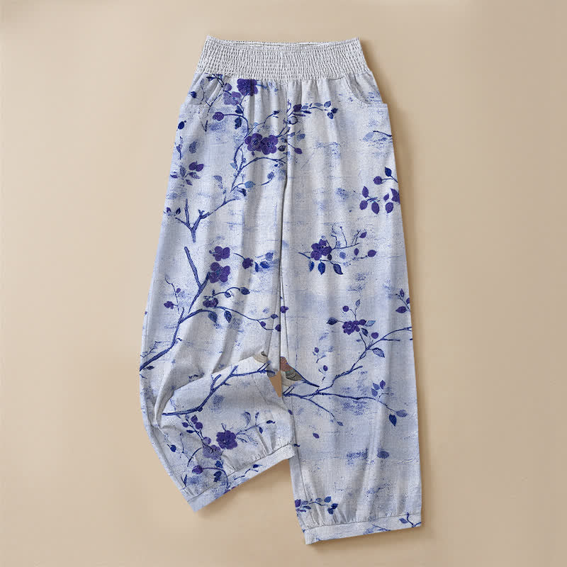 Buddha Stones Pantalones harem para mujer con estampado de flores de algodón, ramas, pájaros, cintura elástica plisada y bolsillos. - image 9