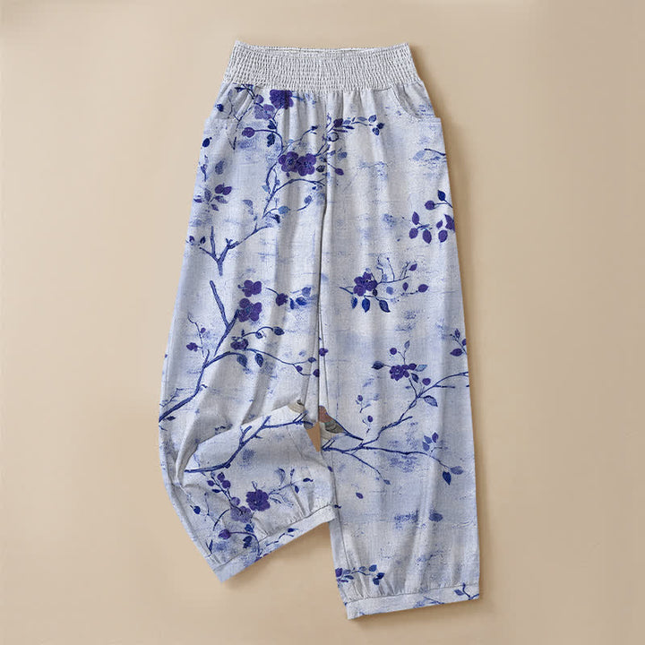 Buddha Stones Pantalones harem para mujer con estampado de flores de algodón, ramas, pájaros, cintura elástica plisada y bolsillos. - image 9