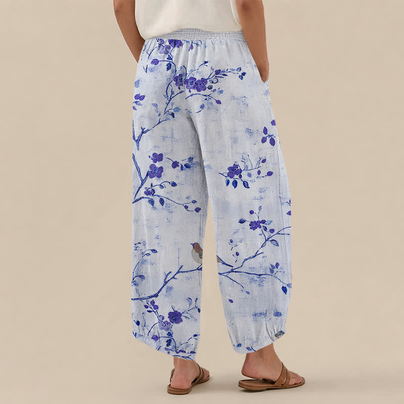 Buddha Stones Pantalones harem para mujer con estampado de flores de algodón, ramas, pájaros, cintura elástica plisada y bolsillos. - image 8
