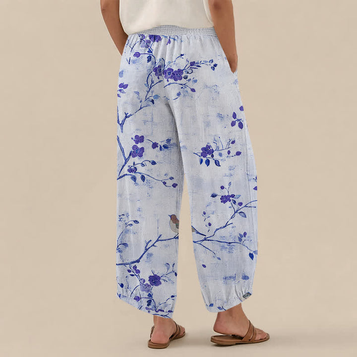 Buddha Stones Pantalones harem para mujer con estampado de flores de algodón, ramas, pájaros, cintura elástica plisada y bolsillos. - image 8