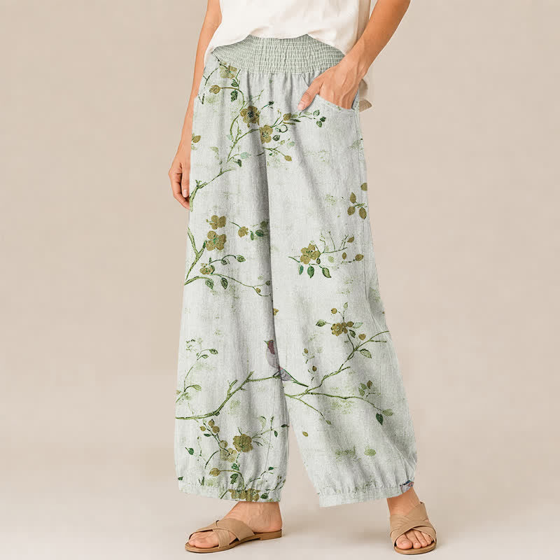 Buddha Stones Pantalones harem para mujer con estampado de flores de algodón, ramas, pájaros, cintura elástica plisada y bolsillos. - image 11
