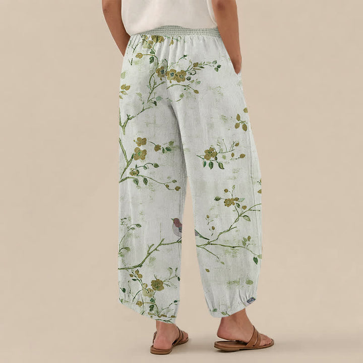 Buddha Stones Pantalones harem para mujer con estampado de flores de algodón, ramas, pájaros, cintura elástica plisada y bolsillos. - image 12