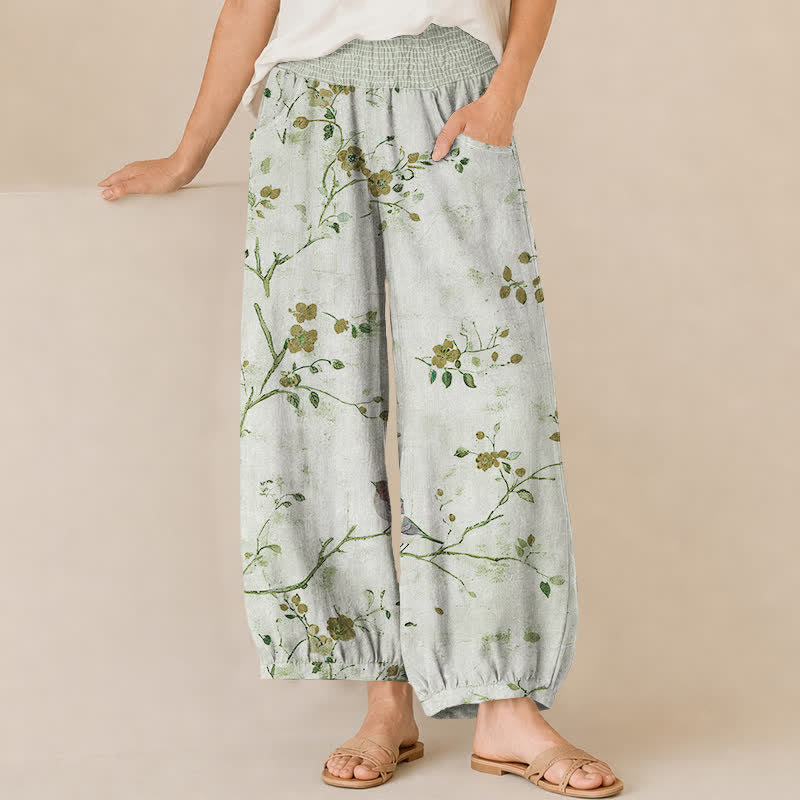 Buddha Stones Pantalones harem para mujer con estampado de flores de algodón, ramas, pájaros, cintura elástica plisada y bolsillos. - Crema de menta - US16，UK/AU20，EU48 (3XL) - image 10
