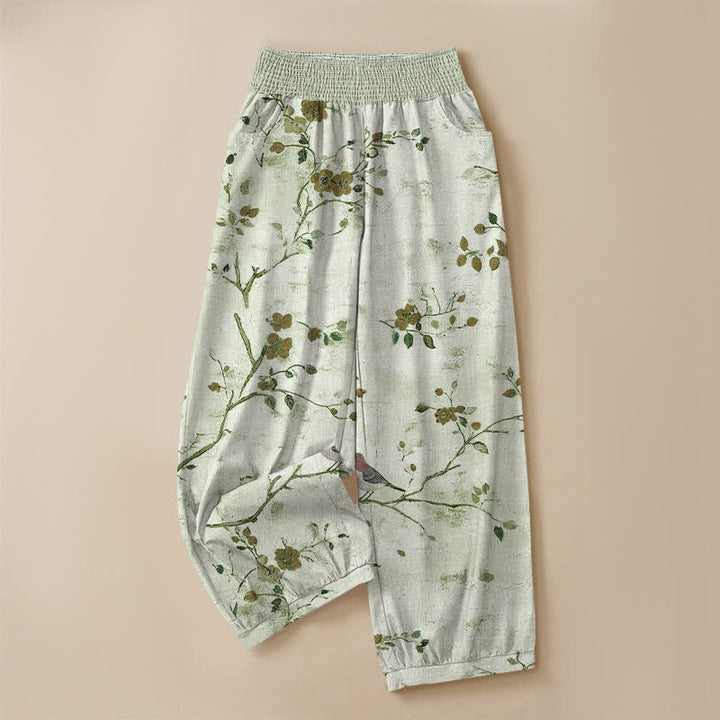 Buddha Stones Pantalones harem para mujer con estampado de flores de algodón, ramas, pájaros, cintura elástica plisada y bolsillos. - image 13