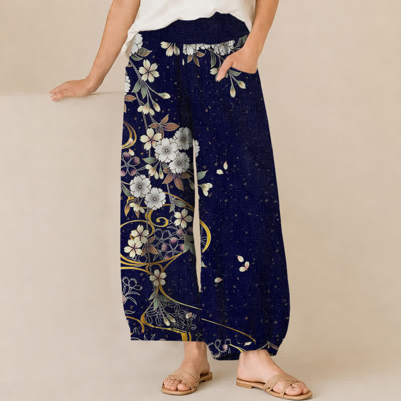 Buddha Stones Pantalones harem de algodón asimétricos con estampado floral de enredaderas, cintura elástica plisada y bolsillos para mujer. - Marina de guerra - US16，UK/AU20，EU48 (3XL) - image 6