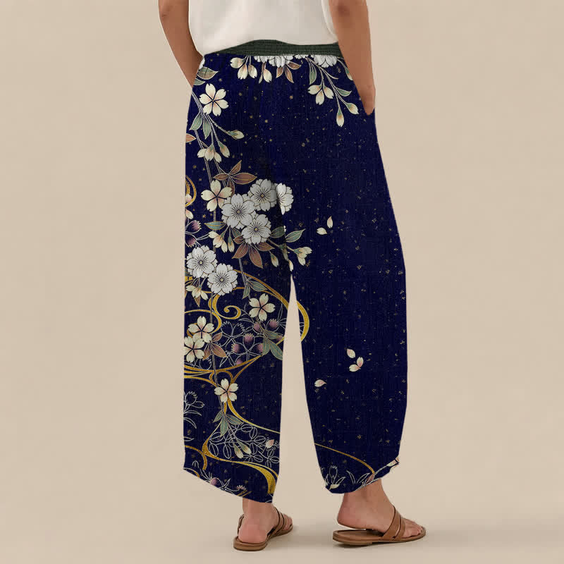 Buddha Stones Pantalones harem de algodón asimétricos con estampado floral de enredaderas, cintura elástica plisada y bolsillos para mujer. - image 8