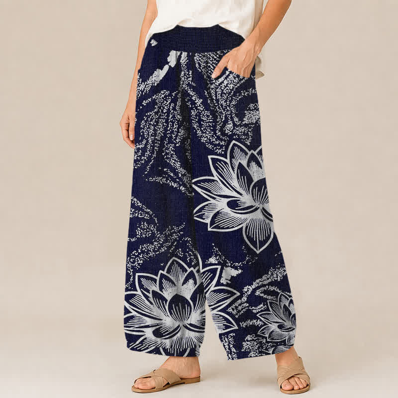 Buddha Stones Pantalones harem de algodón blanco con estampado floral de loto, cintura elástica plisada y bolsillos para mujer. - image 1