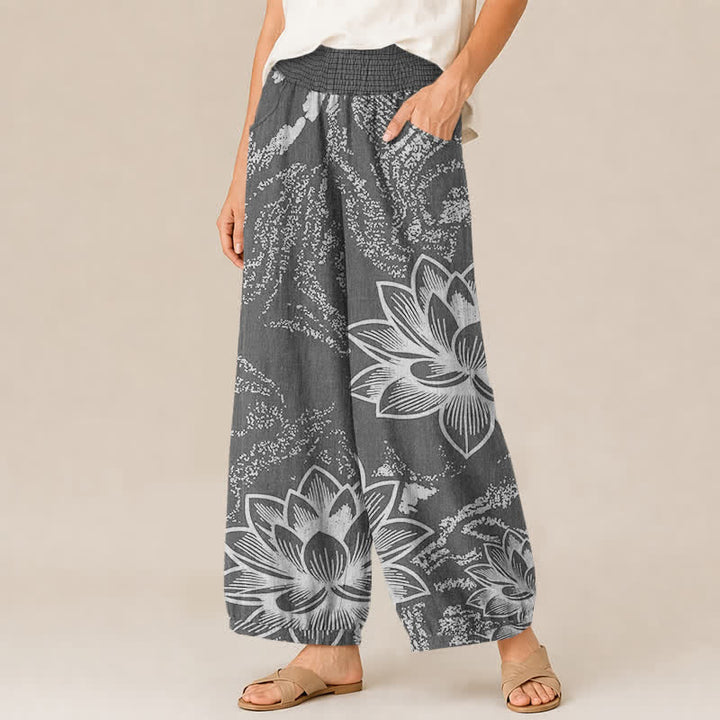 Buddha Stones Pantalones harem de algodón blanco con estampado floral de loto, cintura elástica plisada y bolsillos para mujer. - image 7