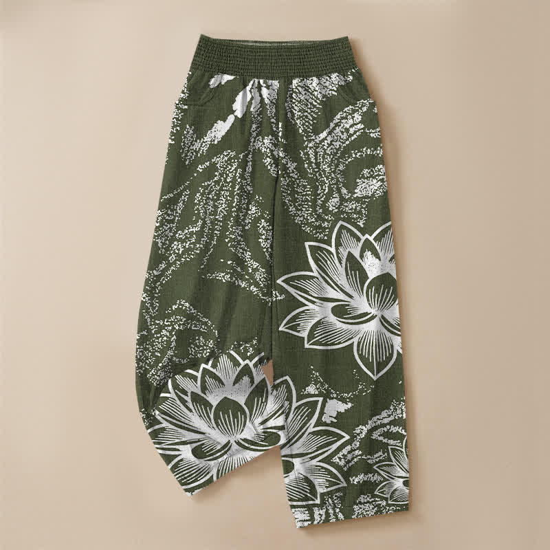 Buddha Stones Pantalones harem de algodón blanco con estampado floral de loto, cintura elástica plisada y bolsillos para mujer. - image 13
