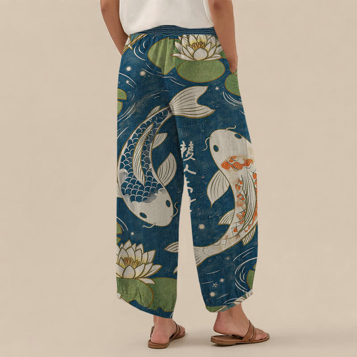 Buddha Stones Pantalones harem de algodón con estampado oriental de peces koi y loto, cintura elástica plisada y bolsillos para mujer. - image 2