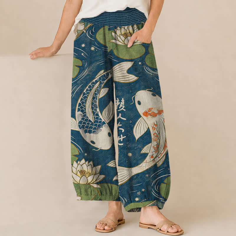 Buddha Stones Pantalones harem de algodón con estampado oriental de peces koi y loto, cintura elástica plisada y bolsillos para mujer. - Azul acero - US16，UK/AU20，EU48 (3XL) - image 0