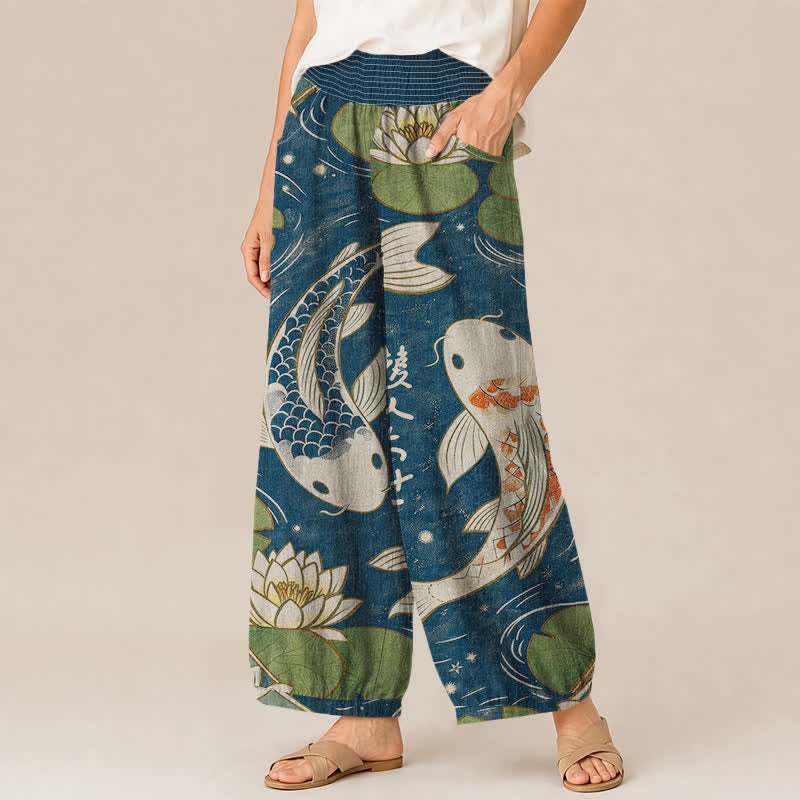 Buddha Stones Pantalones harem de algodón con estampado oriental de peces koi y loto, cintura elástica plisada y bolsillos para mujer. - image 1
