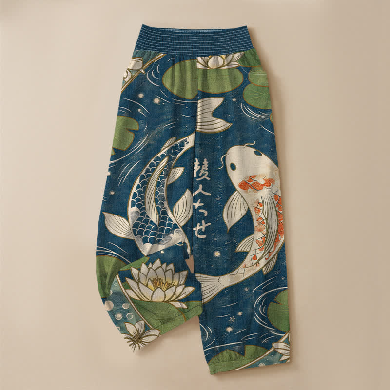 Buddha Stones Pantalones harem de algodón con estampado oriental de peces koi y loto, cintura elástica plisada y bolsillos para mujer. - image 3