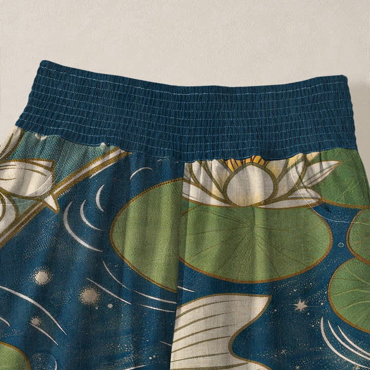 Buddha Stones Pantalones harem de algodón con estampado oriental de peces koi y loto, cintura elástica plisada y bolsillos para mujer. - image 4