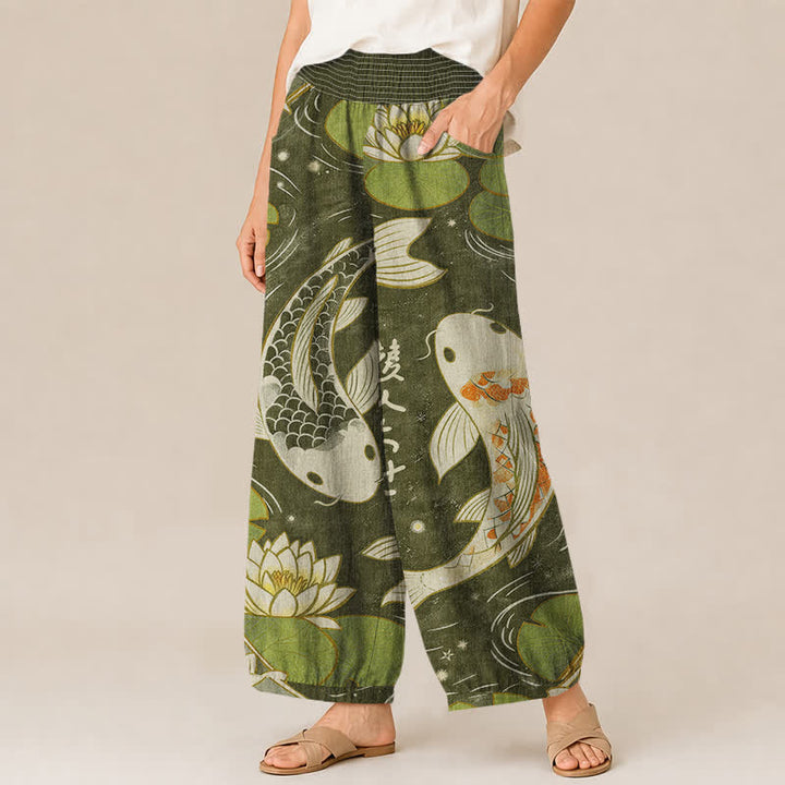 Buddha Stones Pantalones harem de algodón con estampado oriental de peces koi y loto, cintura elástica plisada y bolsillos para mujer. - image 7