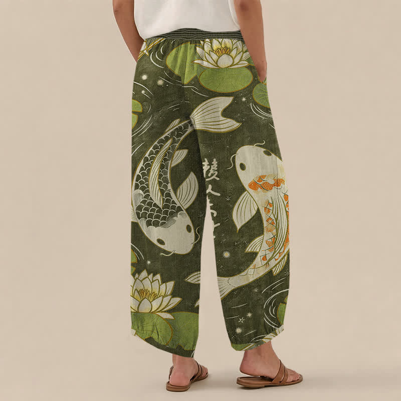 Buddha Stones Pantalones harem de algodón con estampado oriental de peces koi y loto, cintura elástica plisada y bolsillos para mujer. - image 8