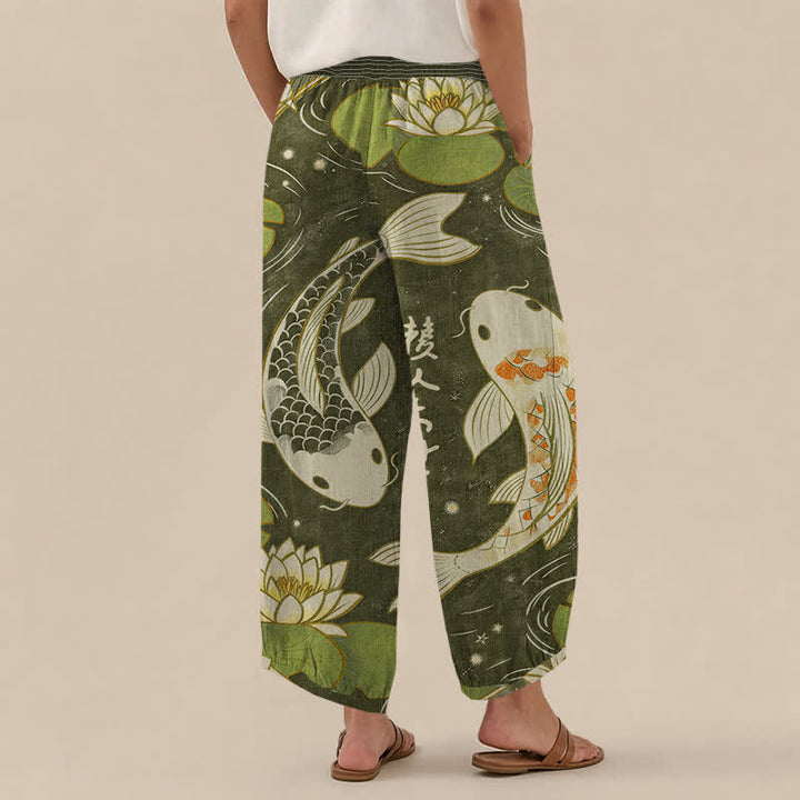 Buddha Stones Pantalones harem de algodón con estampado oriental de peces koi y loto, cintura elástica plisada y bolsillos para mujer. - image 8