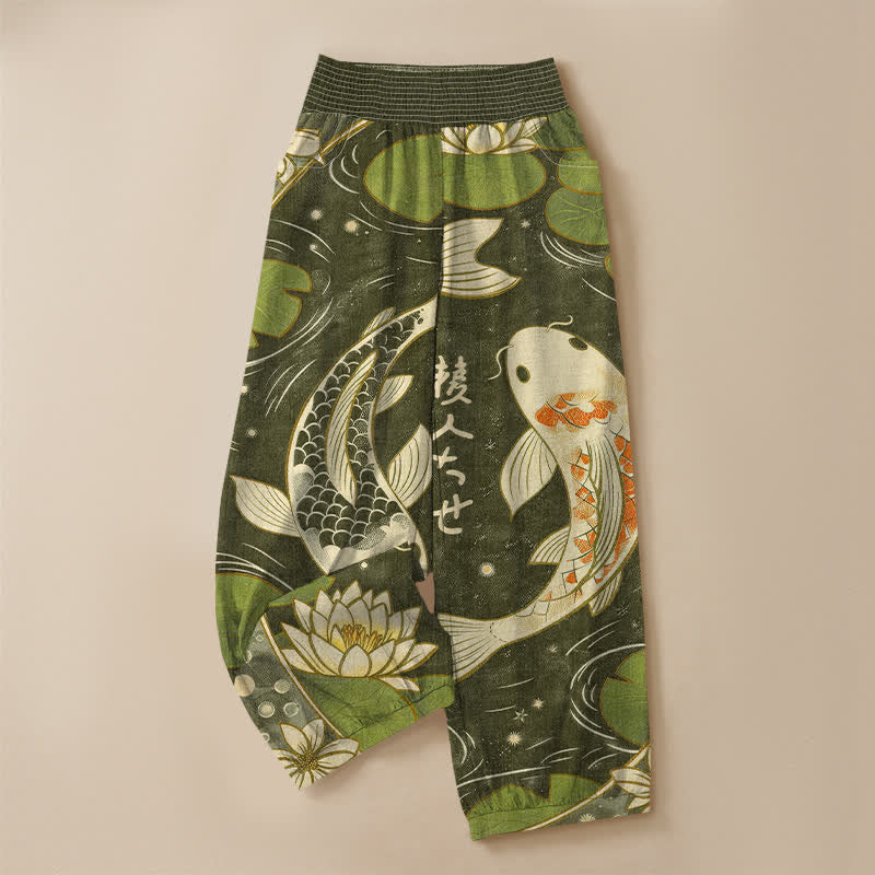 Buddha Stones Pantalones harem de algodón con estampado oriental de peces koi y loto, cintura elástica plisada y bolsillos para mujer. - image 9