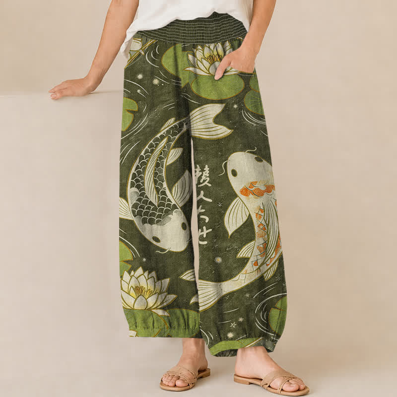 Buddha Stones Pantalones harem de algodón con estampado oriental de peces koi y loto, cintura elástica plisada y bolsillos para mujer. - Verde oliva oscuro - US16，UK/AU20，EU48 (3XL) - image 6