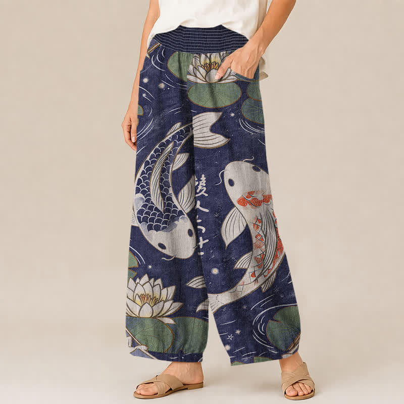 Buddha Stones Pantalones harem de algodón con estampado oriental de peces koi y loto, cintura elástica plisada y bolsillos para mujer. - image 11