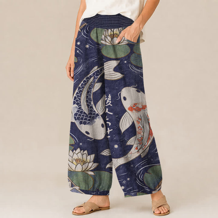 Buddha Stones Pantalones harem de algodón con estampado oriental de peces koi y loto, cintura elástica plisada y bolsillos para mujer. - image 11