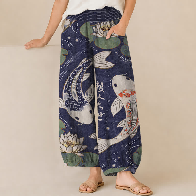 Buddha Stones Pantalones harem de algodón con estampado oriental de peces koi y loto, cintura elástica plisada y bolsillos para mujer. - Índigo - US16，UK/AU20，EU48 (3XL) - image 10