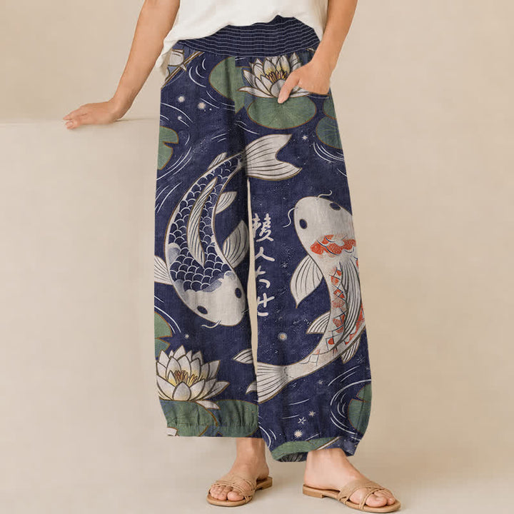 Buddha Stones Pantalones harem de algodón con estampado oriental de peces koi y loto, cintura elástica plisada y bolsillos para mujer. - Índigo - US16，UK/AU20，EU48 (3XL) - image 10