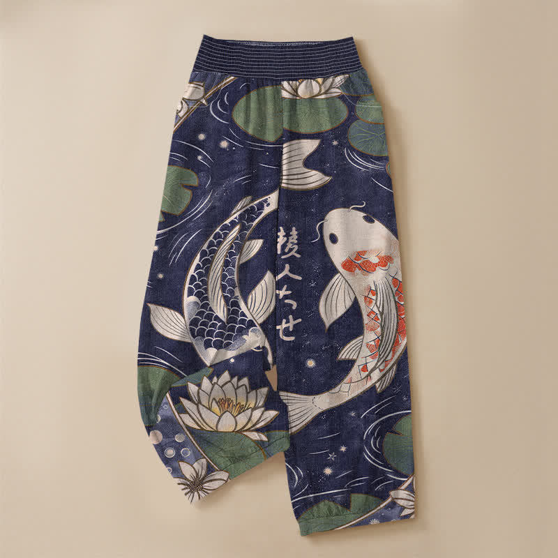 Buddha Stones Pantalones harem de algodón con estampado oriental de peces koi y loto, cintura elástica plisada y bolsillos para mujer. - image 13