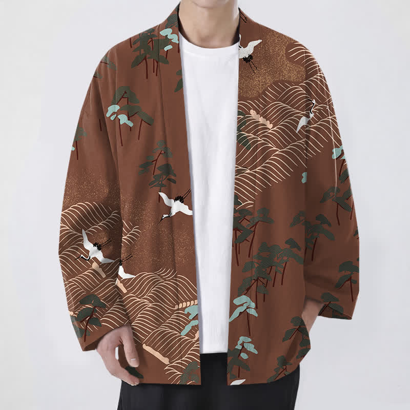 Buddha Stones Kimono de hombre con frente abierto, estampado de grullas blancas de algodón y ondas fluidas. - Tierra de siena - US/UK/AU48, UE58 (4XL) - image 0