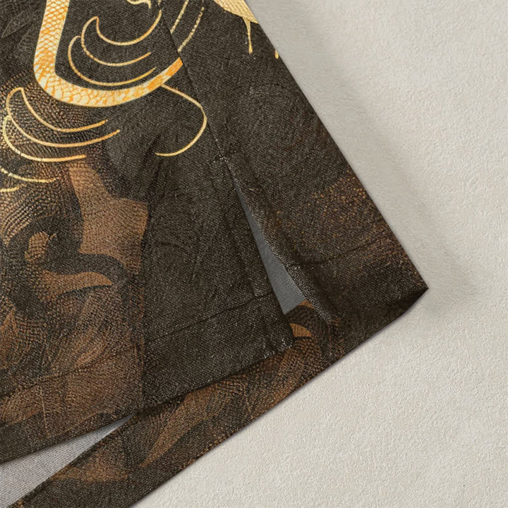 Buddha Stones Kimono de hombre de algodón rojo con estampado de peces koi y olas doradas, con frente abierto. - image 4